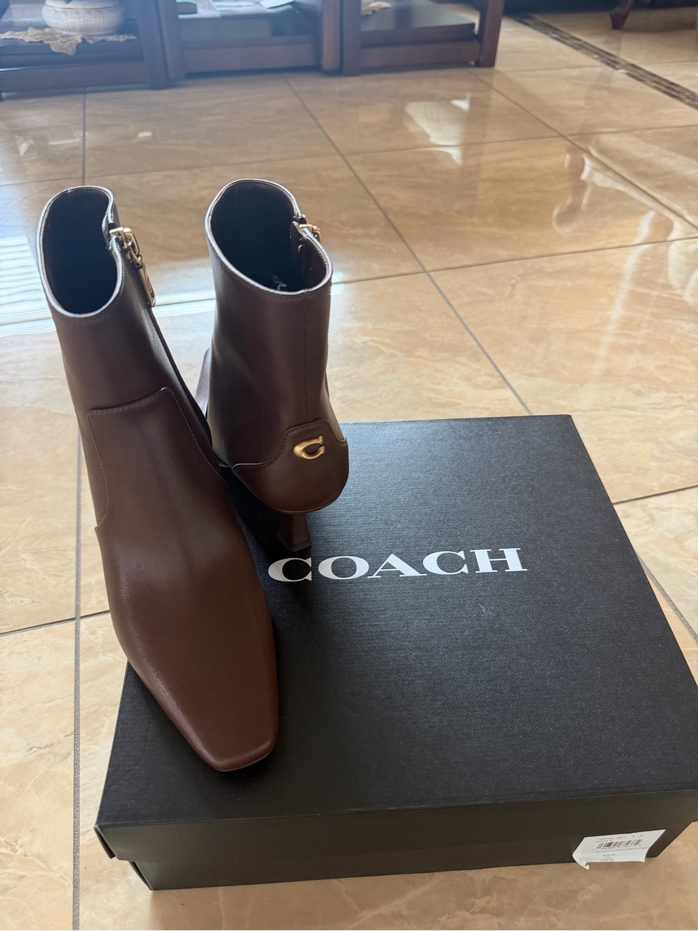 Coach Brown Leather Ankle Boots with Gold Accent
